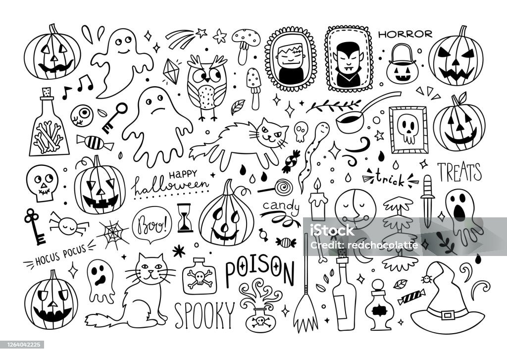 Bộ Doodle Halloween Bộ Sưu Tập Vector Halloween Dễ Thương Hình Minh Họa Vẽ  Tay Cho Ngày Của Các Thánh Bí Ngô Ma Đồ Vật Ma Thuật Mèo Mũ Phù Thủy Hình