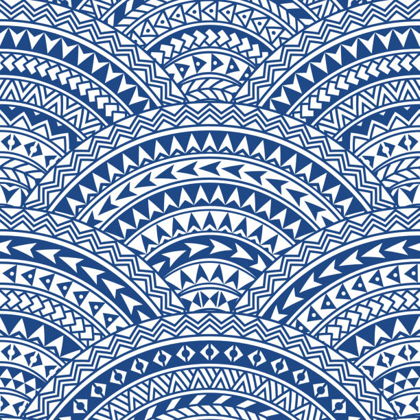 기하학적 물결 모양의 물고기 스케일 레이아웃과 원활한 패턴. 마오리 기하학적 장식, 파란색과 흰색 줄무늬. 벽지, 포장, 친츠 인쇄, 바틱 페인트. 브러쉬 팔레트에 29 패턴 브러시 - polynesia stock illustrations