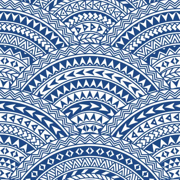 Vector illustration of Seamless pattern with geometrical wavy fish scale layout. Maori geometrical ornaments, blue and white stripes. Wallpaper, wrapping, chintz print, Batik paint. 29 pattern brushes in the brush palette