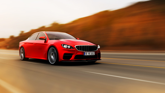 front view of fast moving red generic car, motion blur,  3D, car of my own design.