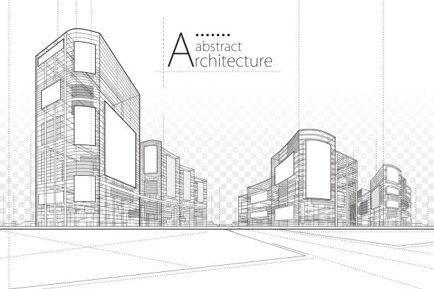 abstrakte architektur gebäude linie zeichnung. - street technology blueprint city stock-grafiken, -clipart, -cartoons und -symbole