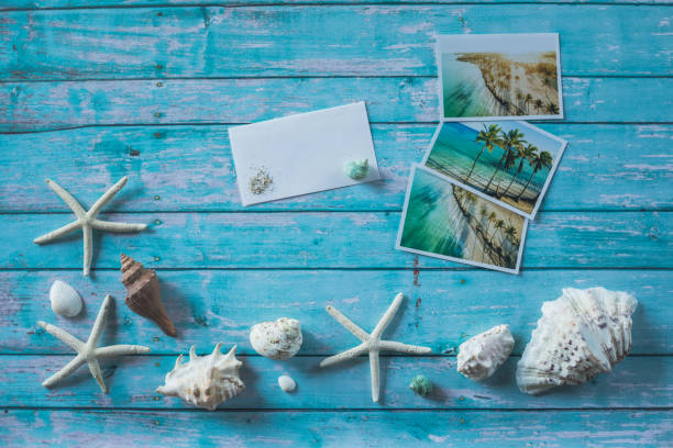 istock Directly above sea themed background with seashells, starfish and postcards 1264046251