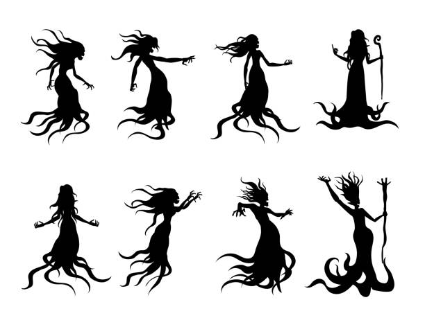 Silhouette of flying evil women spirit like a witch holding a magic wand in vector style collection. Whisper ghost and fantasy. Silhouette of flying evil women spirit like a witch holding a magic wand in vector style collection. Illustration about whisper ghost and fantasy. pics of the godmother stock illustrations