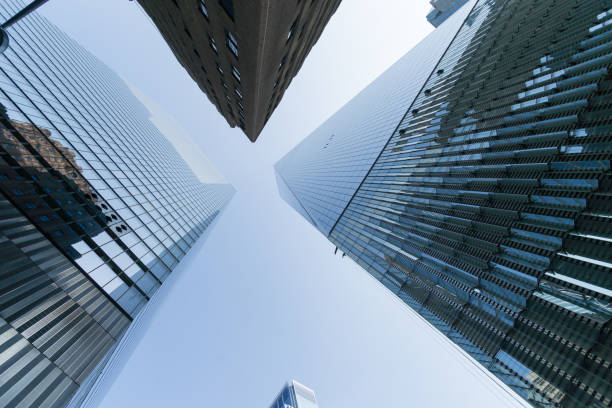 istock Wide angle image in lower manhattan skyscraper up to the sky 1264047918