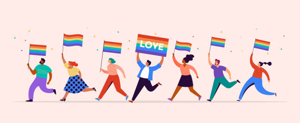 gay pride konzept illustration. gruppe von menschen marschieren, männer und frauen gehen mit regenbogenfahnen. parade zur unterstützung der rechte von homosexuellen - gay pride stock-grafiken, -clipart, -cartoons und -symbole