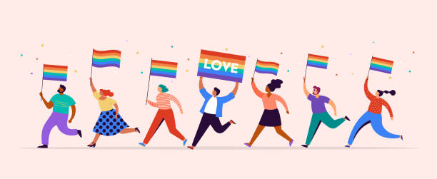 ilustraciones, imágenes clip art, dibujos animados e iconos de stock de ilustración conceptual del orgullo gay. grupo de personas marchando, hombres y mujeres caminando con banderas arco iris. desfile para apoyar los derechos de los homosexuales - honor