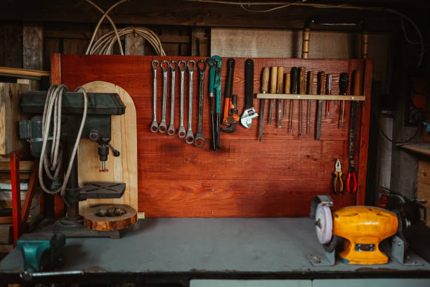 istock Tools in carpenter with grunge wood background 1264057674