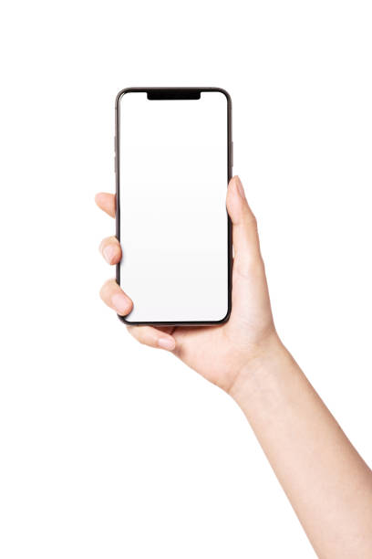женщина руку держать смартфон прямо изолированы на белом. - вертикальный фотографии стоковые фото и изображения