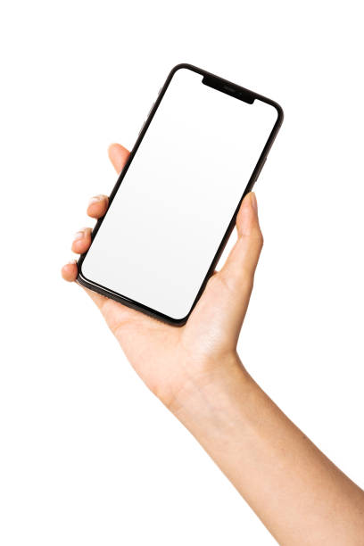 istock Woman hand hold a smart phone front view isolated on white. 1264059041