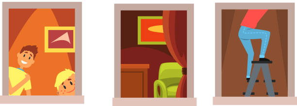 istock Neighbors in Windows Doing Daily Things in their Apartments Set Cartoon Style Vector Illustration 1264059078