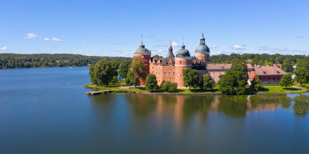 Gripsholm Castle Aerial view of Gripsholm Castle (in swedish; Gripsholms Slott) at Lake Mälaren in the Södermanland county of Sweden. The construction of Gripsholm Castle was initiated in the 16th century. Today it houses the national portrait gallery, and is  one of the twelve royal castles of Sweden. lake malaren photos stock pictures, royalty-free photos & images