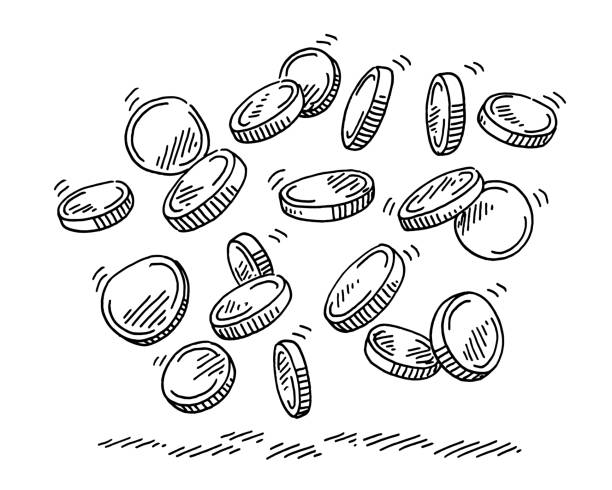 ilustrações de stock, clip art, desenhos animados e ícones de group of falling money coins drawing - ilustrações de moeda