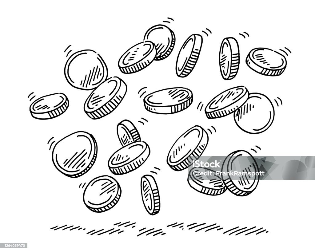 Group Of Falling Money Coins Drawing Hand-drawn vector drawing of a Group Of Falling Money Coins. Black-and-White sketch on a transparent background (.eps-file). Included files are EPS (v10) and Hi-Res JPG. Coin stock vector