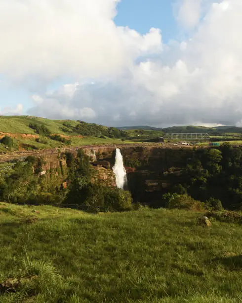 Photo of Dainthlen Falls in the mountain Cherrapunji in Meghalaya, India. It is a crowd puller, soft and very deep waterfall produces no roaring sound when falls from height which is not too steep either.