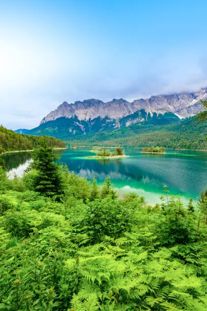 Photo of Small islands with pine-trees in the middle of Eibsee lake with Zugspitze mountain. Beautiful landscape scenery with paradise beach and clear blue water in German Alps, Bavaria, Germany, Europe.