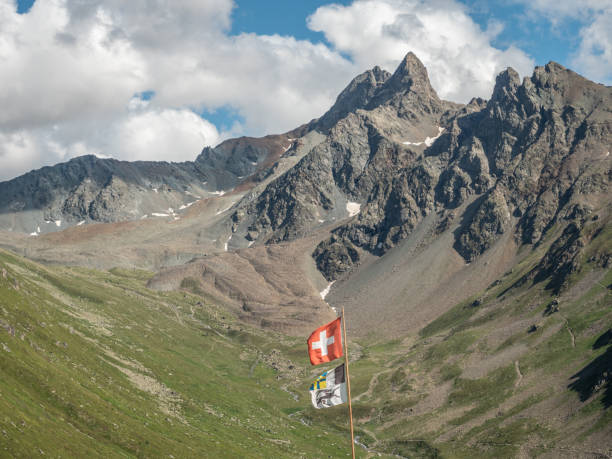 istock Swiss flag with Graubunden flag against cloudy sky 1264062506