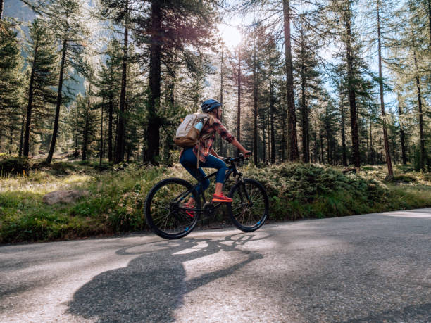 Mountain biker in forest at sunset Woman on mountain bike passing on road trail graubunden canton stock pictures, royalty-free photos & images