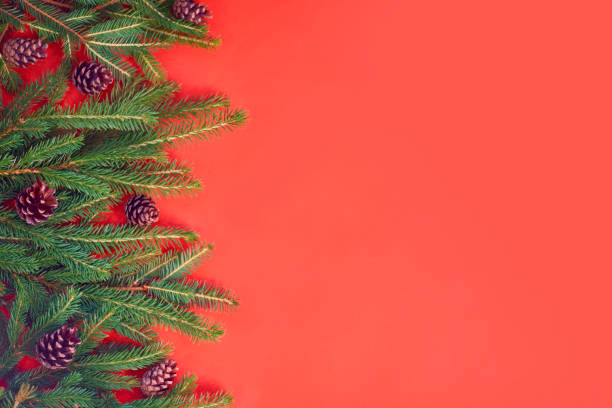 istock Christmas background with xmas tree on red canvas background. Merry christmas card. Winter holiday theme. Happy New Year. Space for text. christmas backdrop top view. Flat lay 1264064434