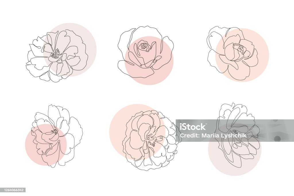 Kontinuerlig linje blommor som med abstrakta cirklar. Trendig enradig botanisk illustration för tryck eller webb. Ros konturvektor - Royaltyfri Blomma vektorgrafik