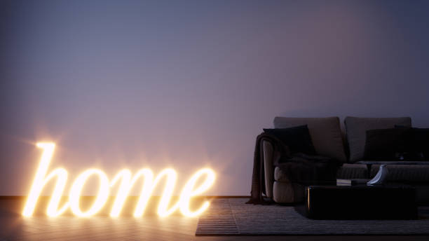 istock abstract living room interior, glowing home sign next to sofa and coffee table, 3D illustration background concept 1264068367