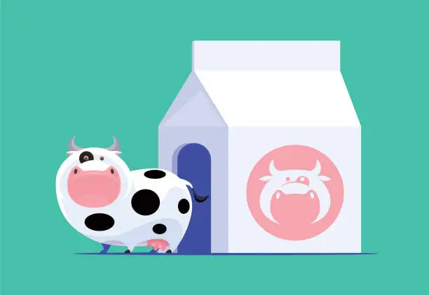 Vector illustration of funny cow with milk box