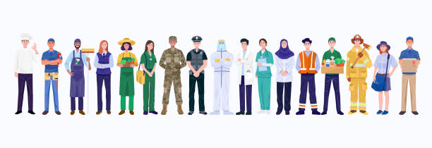 Group of various occupations people. Vector eps 10 military uniform stock illustrations