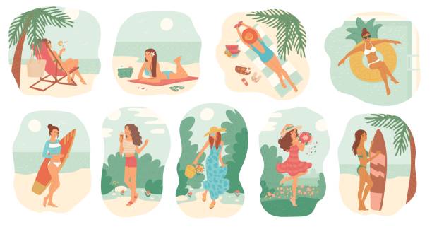 ilustraciones, imágenes clip art, dibujos animados e iconos de stock de chicas en traje de baño y vestido vacaciones de verano. las mujeres toman el sol en la playa con tabla de surf, nadan en la piscina en círculo inflable. establecer ilustraciones aisladas vectoriales estilo de dibujos animados planos. - bikini surfboard women surfing