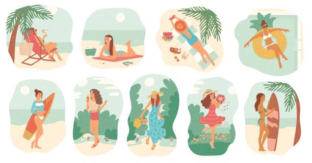수영복과 드레스 여름 휴가에 여자. 여성들은 서핑 보드가있는 해변에서 일광욕을하고 풍선 원에 수영장에서 수영하십시오. 벡터 격리 일러스트레이션 플랫 만화 스타일을 설정합니다. - beach surfing bikini retro revival stock illustrations