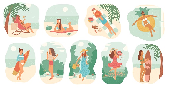 Girls in swimsuit and dress summer vacation. Women sunbathe on beach with surfboard, swim in pool on inflatable circle. Set vector isolated illustrations flat cartoon style