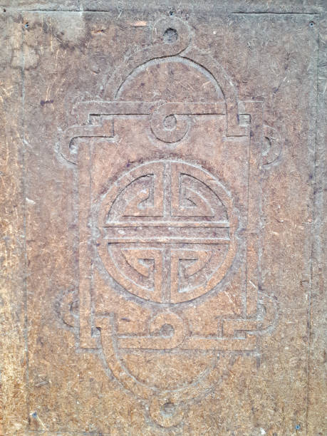 istock Ethnic Asian handmade pattern on wall old craft carving antique weathered pressed wood 1264074116