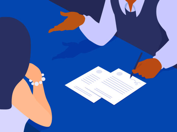 Two people signing documents at the meeting. A contract, an agreement, a deal. A man and a woman sitting across from each other at the table, talking. The man puts his signature on the papers. A vector cartoon illustration. loan illustrations stock illustrations