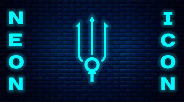 ilustrações, clipart, desenhos animados e ícones de ícone brilhante neon neptune trident isolado no fundo da parede de tijolos. vetor - trident neptune devil weapon