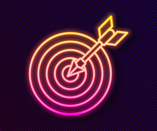 istock Glowing neon line Target with arrow icon isolated on black background. Dart board sign. Archery board icon. Dartboard sign. Business goal concept. Vector Illustration 1264075536