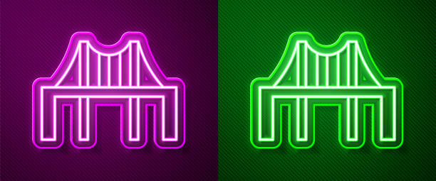 istock Glowing neon line Golden gate bridge icon isolated on purple and green background. San Francisco California United States of America. Vector Illustration 1264076444
