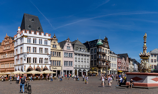 Trier, RP / Germany - 29 July 2020: panorama view of the Hauptmarkt square in the historic old town of Trier on the Mosel