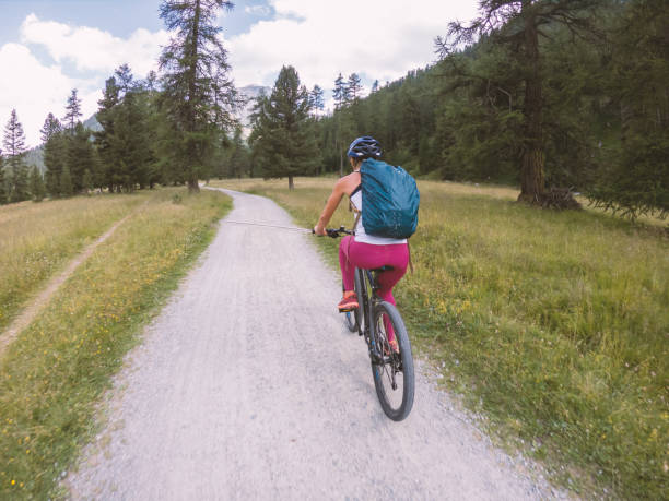 istock Woman on mountain bike looking at panorama 1264078430