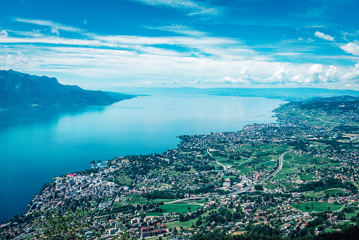 Aerial view of lake Geneva, Clarens and Vevey