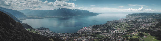 aerial panorama of lake geneva, montreux and vevey - geneva canton imagens e fotografias de stock