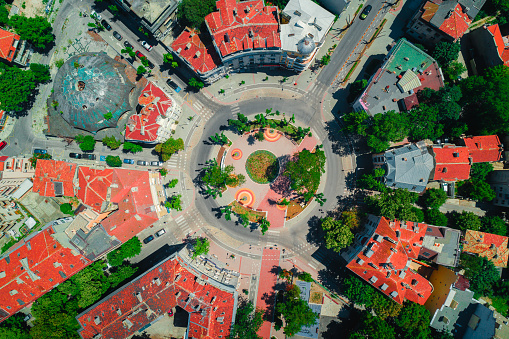 Cityscape in Varna, Bulgaria. Aerial view over circular street and Shishkov garden park.