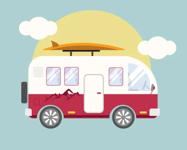 Vector illustration of Retro style colorful camper van for road trip on vacation