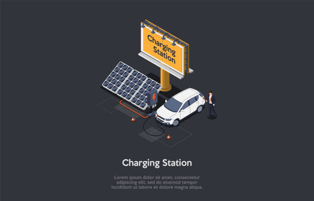 ilustrações de stock, clip art, desenhos animados e ícones de eco city concept. modern beautiful car charging station with alternative energy sources. driver charges electric car on charging station with solar panels and billboard. isometric vector illustration - isometric gas station transportation car