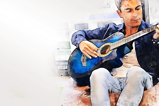 Abstract young man playing Guitar in the foreground on Watercolor painting background and Digital illustration brush to art.