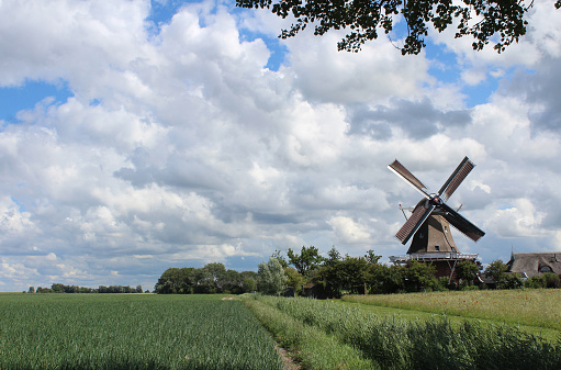 Paesens, Netherlands, 21 July 2020: View of Windmill, (Molen de Hond), a well known landmark near Paesens in Friesland. It is a restored working windmill still used to grind flour today.