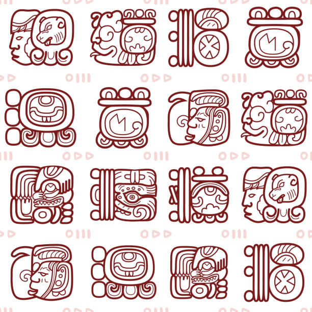 illustrations, cliparts, dessins animés et icônes de glyphes mayas, système d’écriture maya vecteur motif sans couture - art tribal - maya