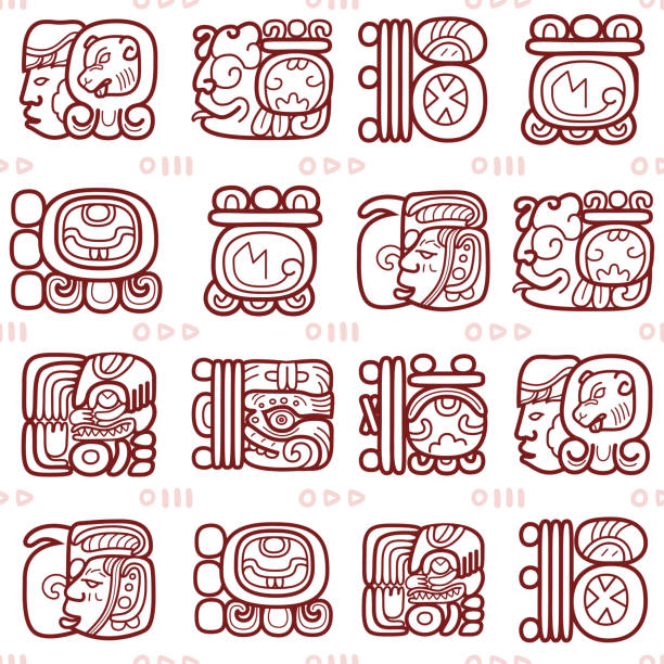 Maya glyphs, Mayan writing system vector seamless pattern - tribal art Mayan hieroglyphic script repetitive design in brown on white backround, textile or wallpaper design mayan stock illustrations