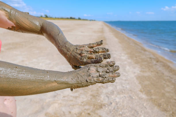 istock Selective focus on hands in curative mud on the background of the sea beach. 1264087911
