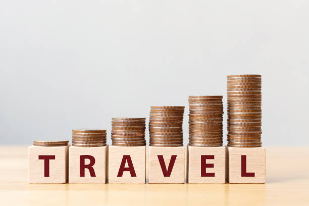 istock Money coins stack stair as step growing growth and wooden cube block with word TRAVEL. Investment and save money concept 1264089254