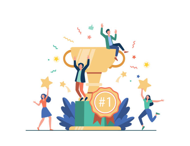 Team of happy employees winning award Team of happy employees winning award and celebrating success. Business people enjoying victory, getting gold cup trophy. Vector illustration for reward, prize, champions concepts first place illustrations stock illustrations