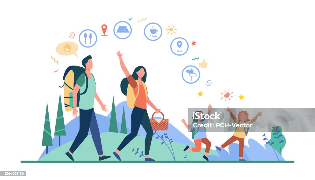 Family hiking or location app concept Family hiking or location app concept. Father, mother and children walking outdoors, carrying backpacks and picnic basket. Vector illustration for camping, adventure travel, active hikers topics Family stock vector