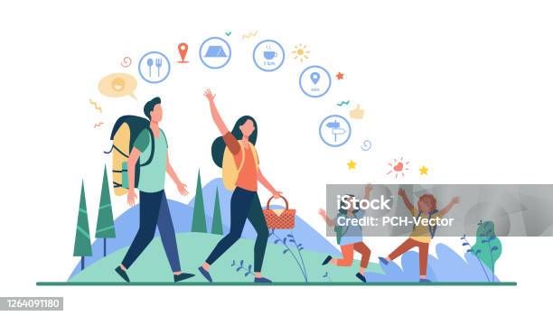 Family Hiking Or Location App Concept Stock Illustration - Download Image Now - Family, Hiking, Child